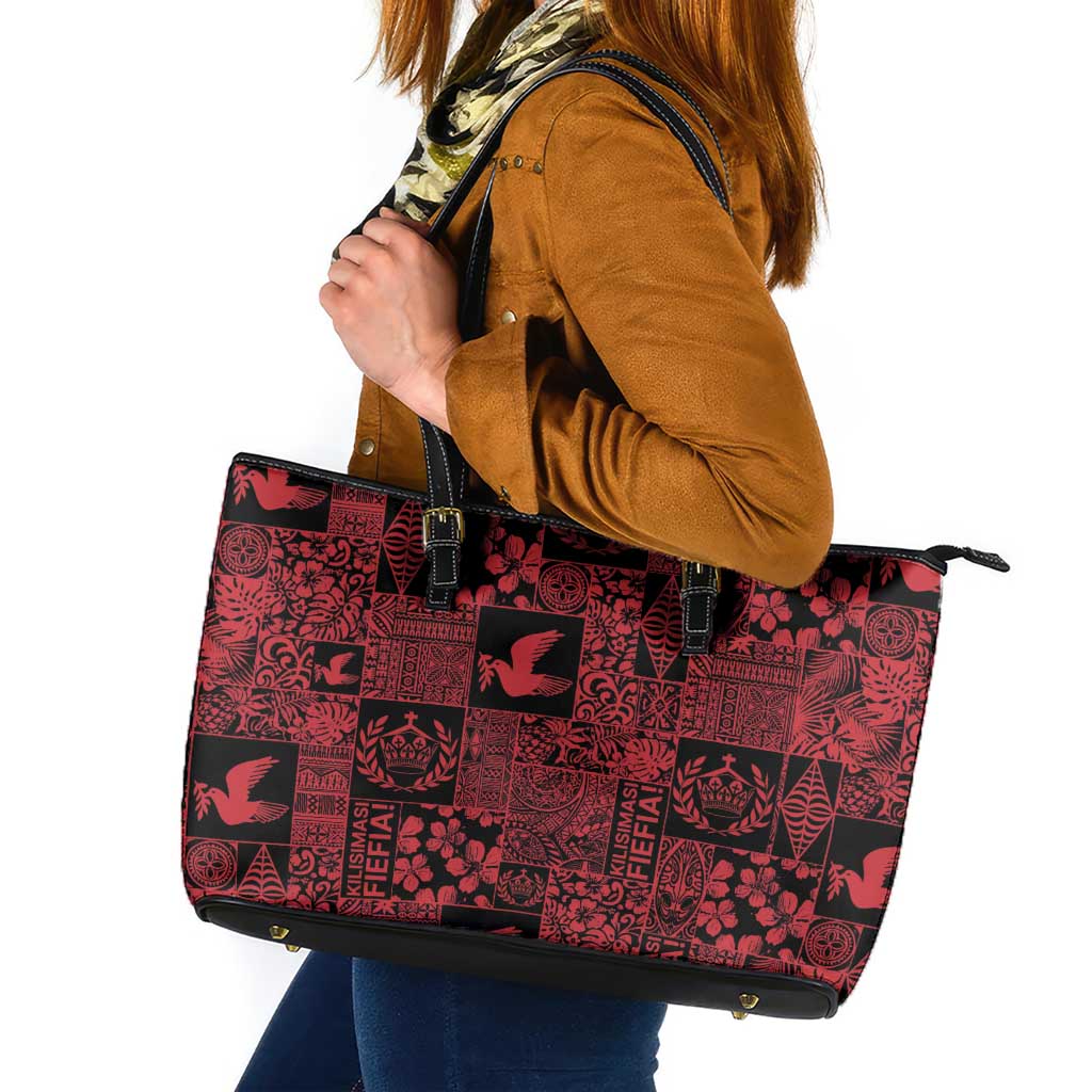 Black Tonga Kilisimasi Fiefia Leather Tote Bag Pacific Patchwork Xmas Vibes - Polynesian Pride