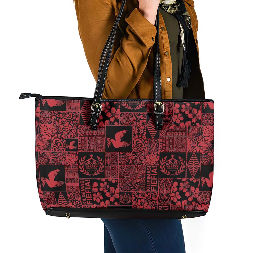 Black Tonga Kilisimasi Fiefia Leather Tote Bag Pacific Patchwork Xmas Vibes - Polynesian Pride