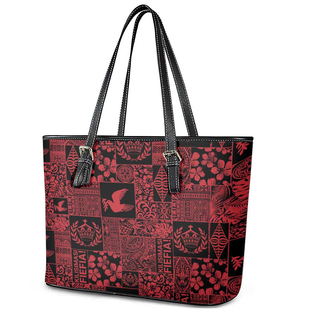 Black Tonga Kilisimasi Fiefia Leather Tote Bag Pacific Patchwork Xmas Vibes - Polynesian Pride