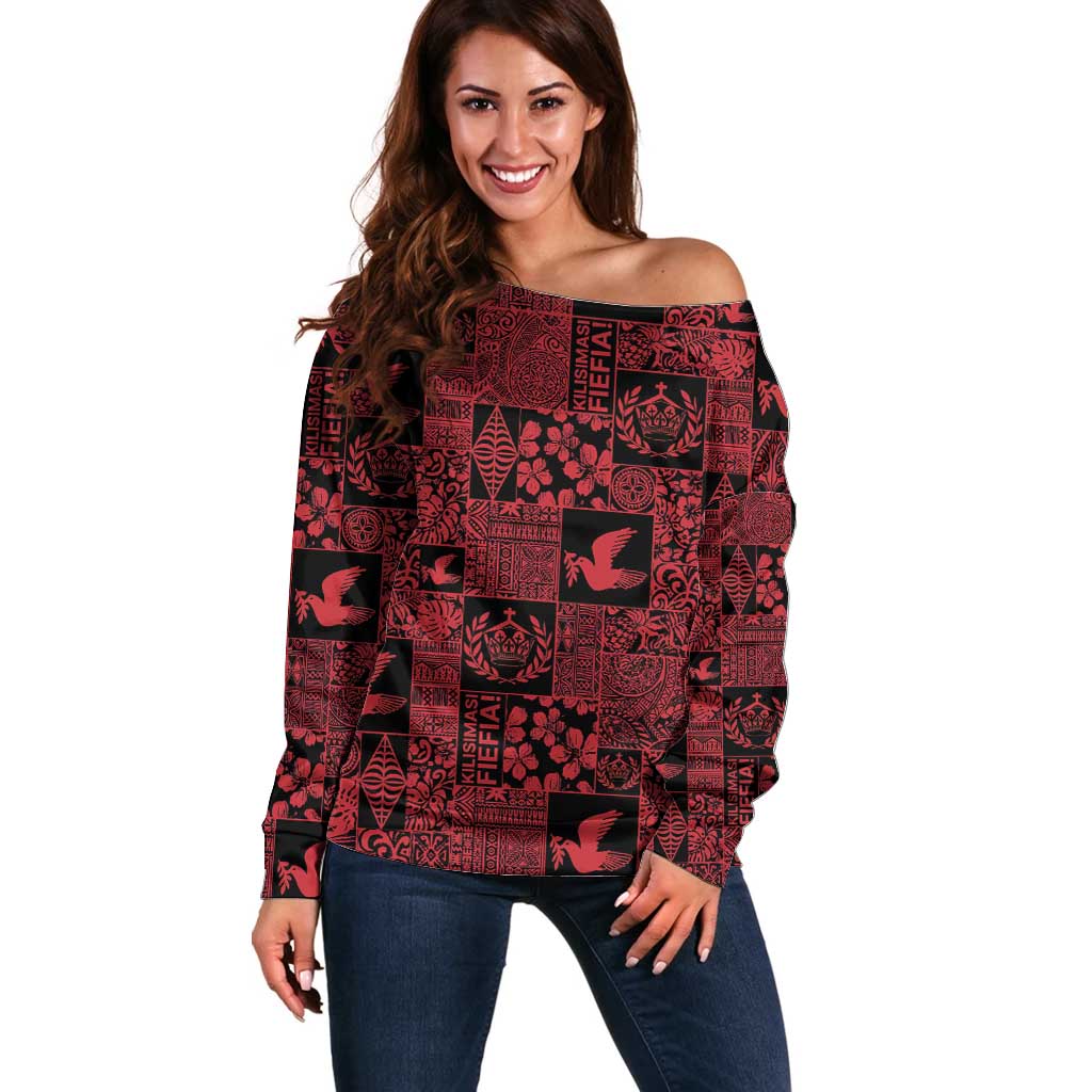 Black Tonga Kilisimasi Fiefia Off Shoulder Sweater Pacific Patchwork Xmas Vibes - Polynesian Pride