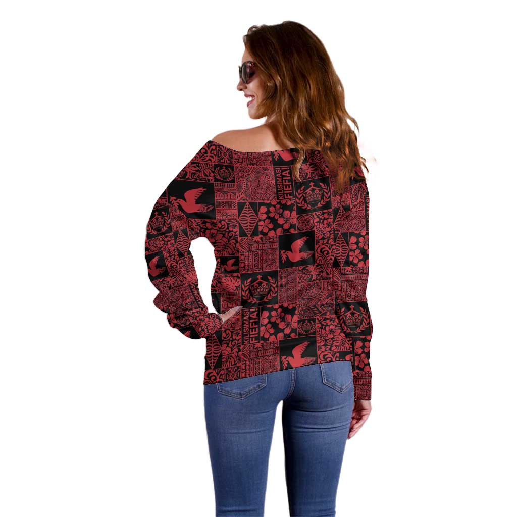 Black Tonga Kilisimasi Fiefia Off Shoulder Sweater Pacific Patchwork Xmas Vibes LT9 - Polynesian Pride