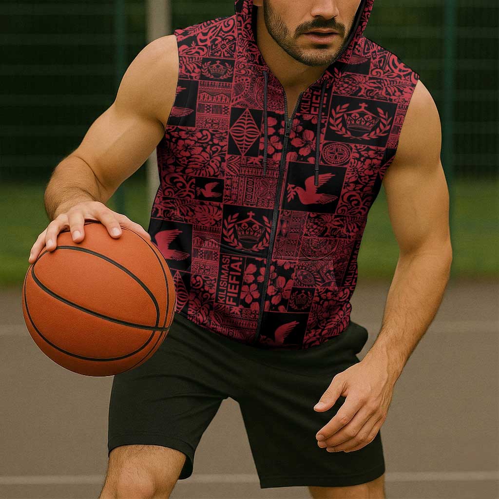 Black Tonga Kilisimasi Fiefia Sleeveless Zip Hoodie Pacific Patchwork Xmas Vibes - Polynesian Pride
