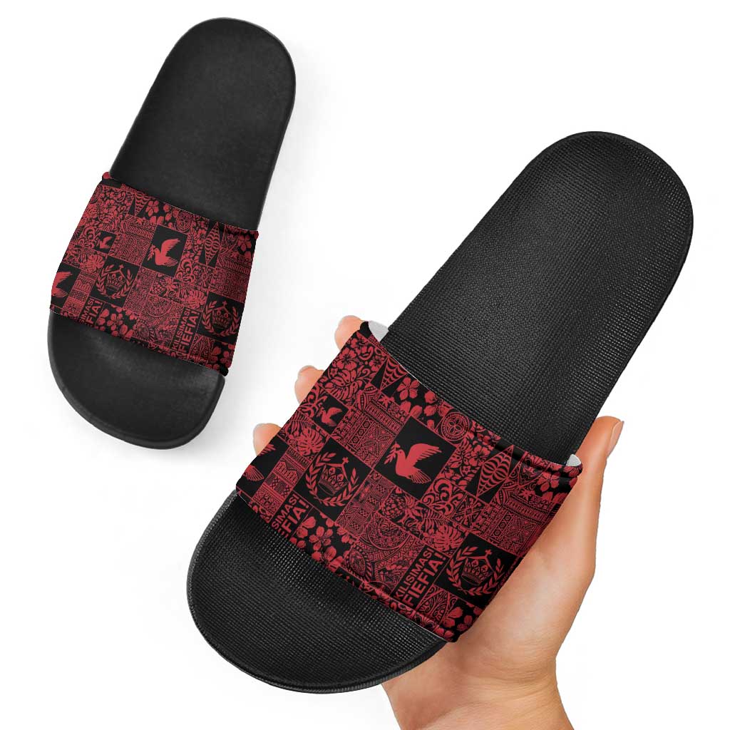 Black Tonga Kilisimasi Fiefia Slide Sandals Pacific Patchwork Xmas Vibes - Polynesian Pride