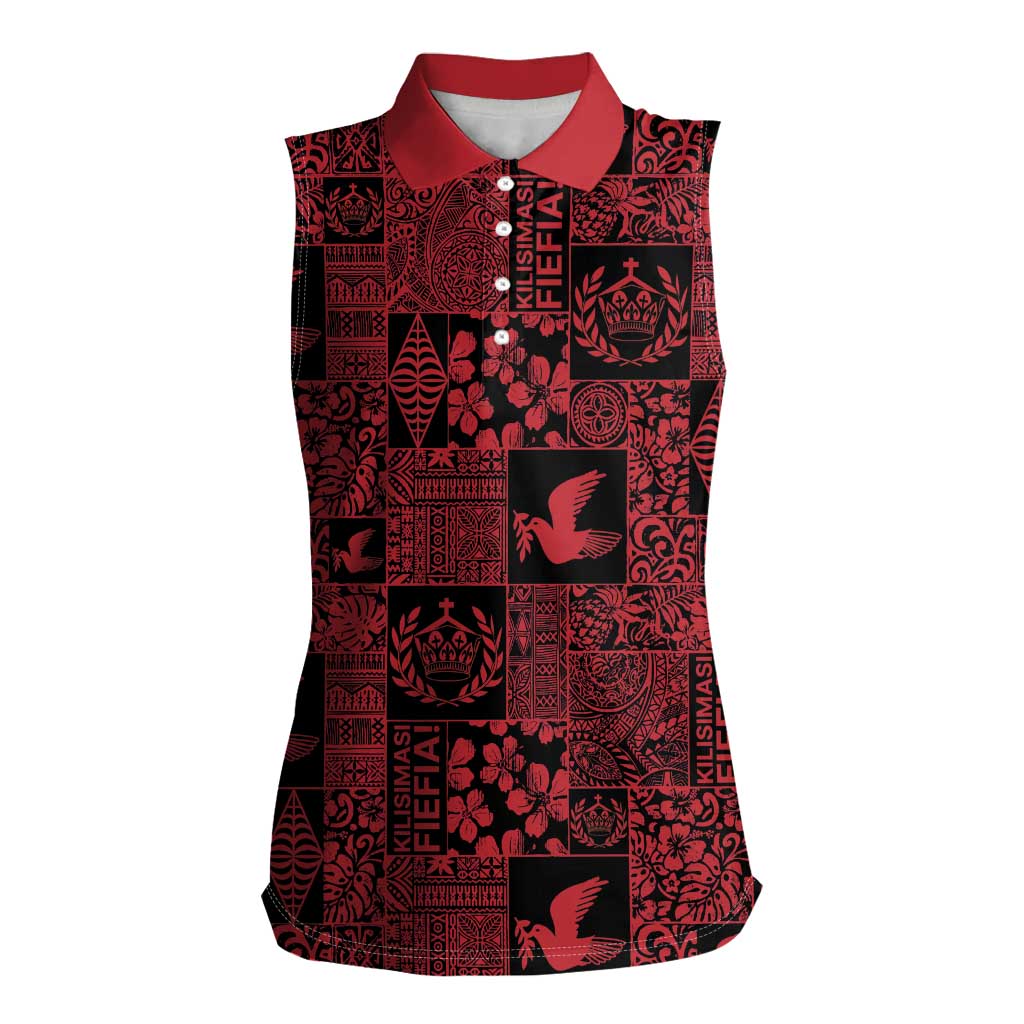 Black Tonga Kilisimasi Fiefia Women Sleeveless Polo Shirt Pacific Patchwork Xmas Vibes LT9 Female Black - Polynesian Pride