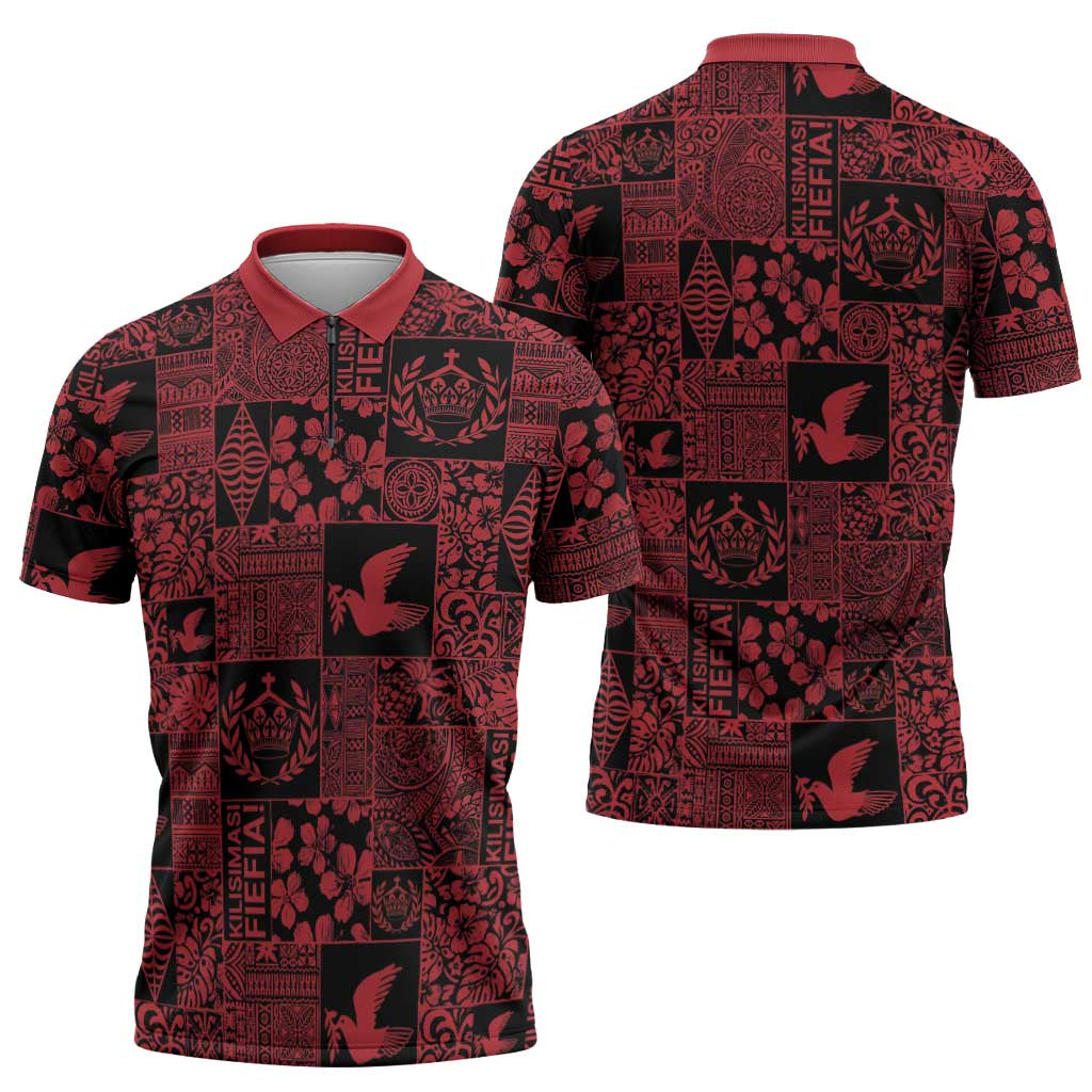 Black Tonga Kilisimasi Fiefia Zipper Polo Shirt Pacific Patchwork Xmas Vibes - Polynesian Pride