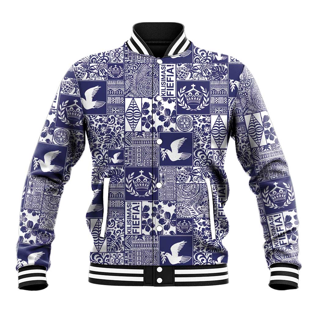 Blue Tonga Kilisimasi Fiefia Baseball Jacket Pacific Patchwork Xmas Vibes LT9 Unisex Blue - Polynesian Pride