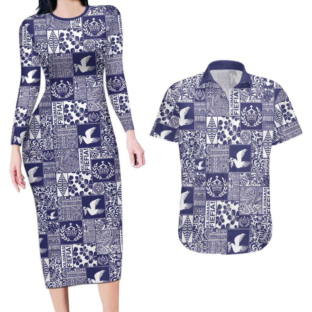 Blue Tonga Kilisimasi Fiefia Couples Matching Long Sleeve Bodycon Dress and Hawaiian Shirt Pacific Patchwork Xmas Vibes LT9 Blue - Polynesian Pride