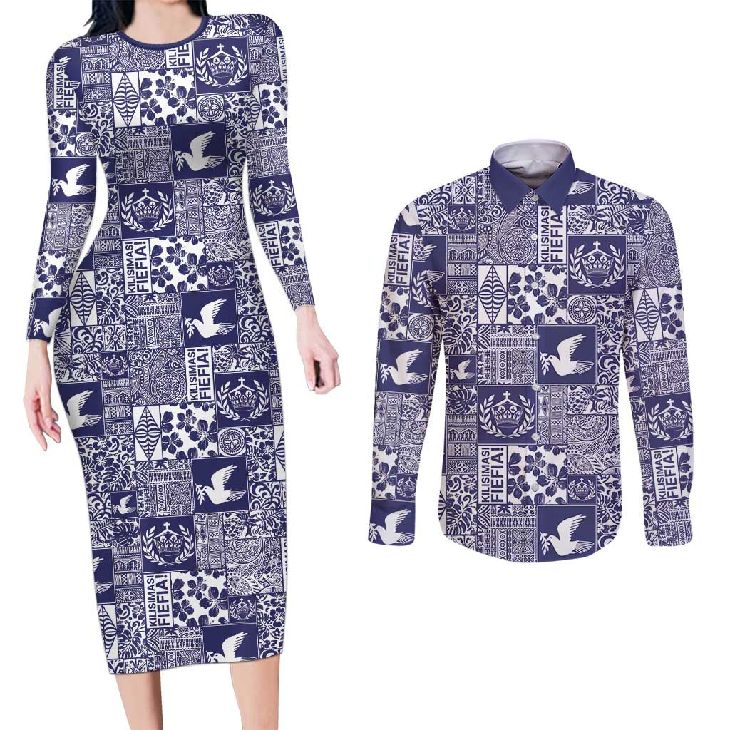 Blue Tonga Kilisimasi Fiefia Couples Matching Long Sleeve Bodycon Dress and Long Sleeve Button Shirt Pacific Patchwork Xmas Vibes LT9 Blue - Polynesian Pride