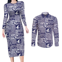 Blue Tonga Kilisimasi Fiefia Couples Matching Long Sleeve Bodycon Dress and Long Sleeve Button Shirt Pacific Patchwork Xmas Vibes LT9 Blue - Polynesian Pride