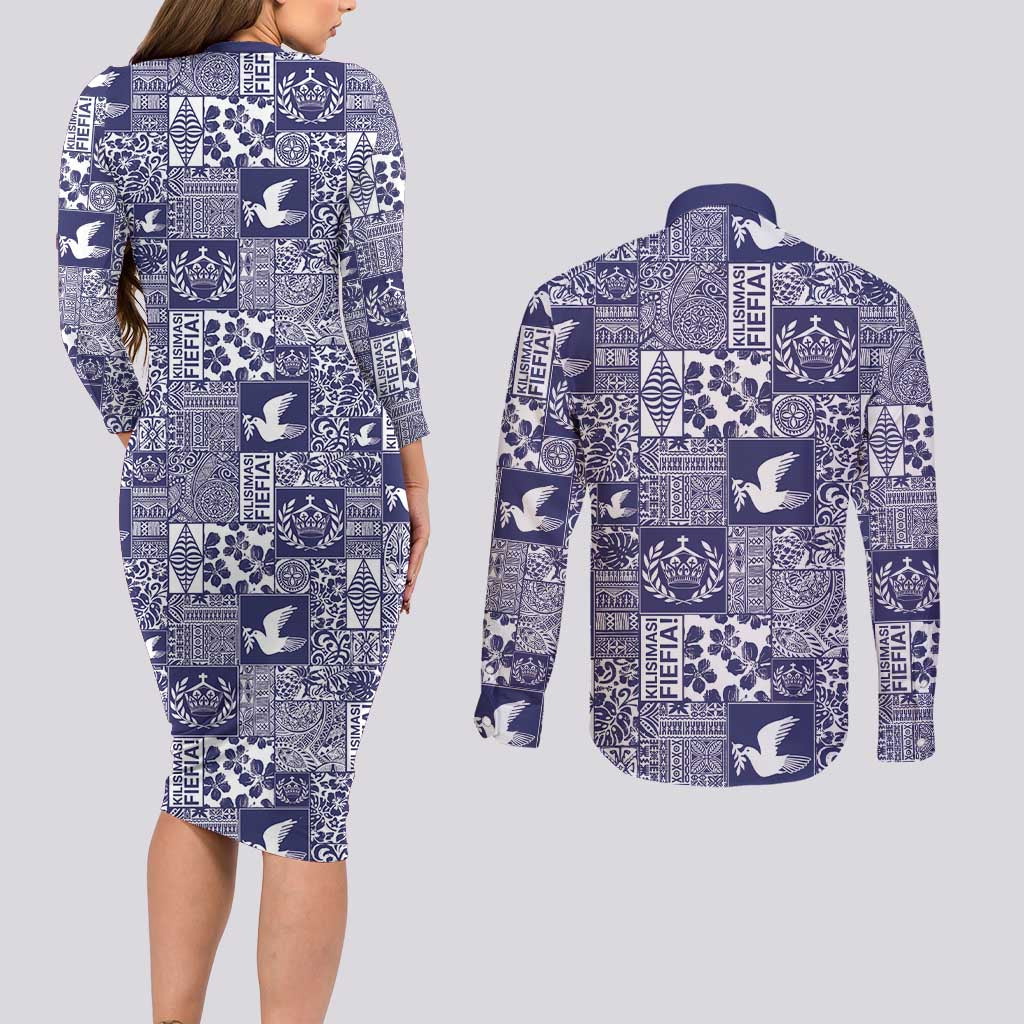 Blue Tonga Kilisimasi Fiefia Couples Matching Long Sleeve Bodycon Dress and Long Sleeve Button Shirt Pacific Patchwork Xmas Vibes LT9 - Polynesian Pride