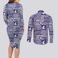 Blue Tonga Kilisimasi Fiefia Couples Matching Long Sleeve Bodycon Dress and Long Sleeve Button Shirt Pacific Patchwork Xmas Vibes LT9 - Polynesian Pride