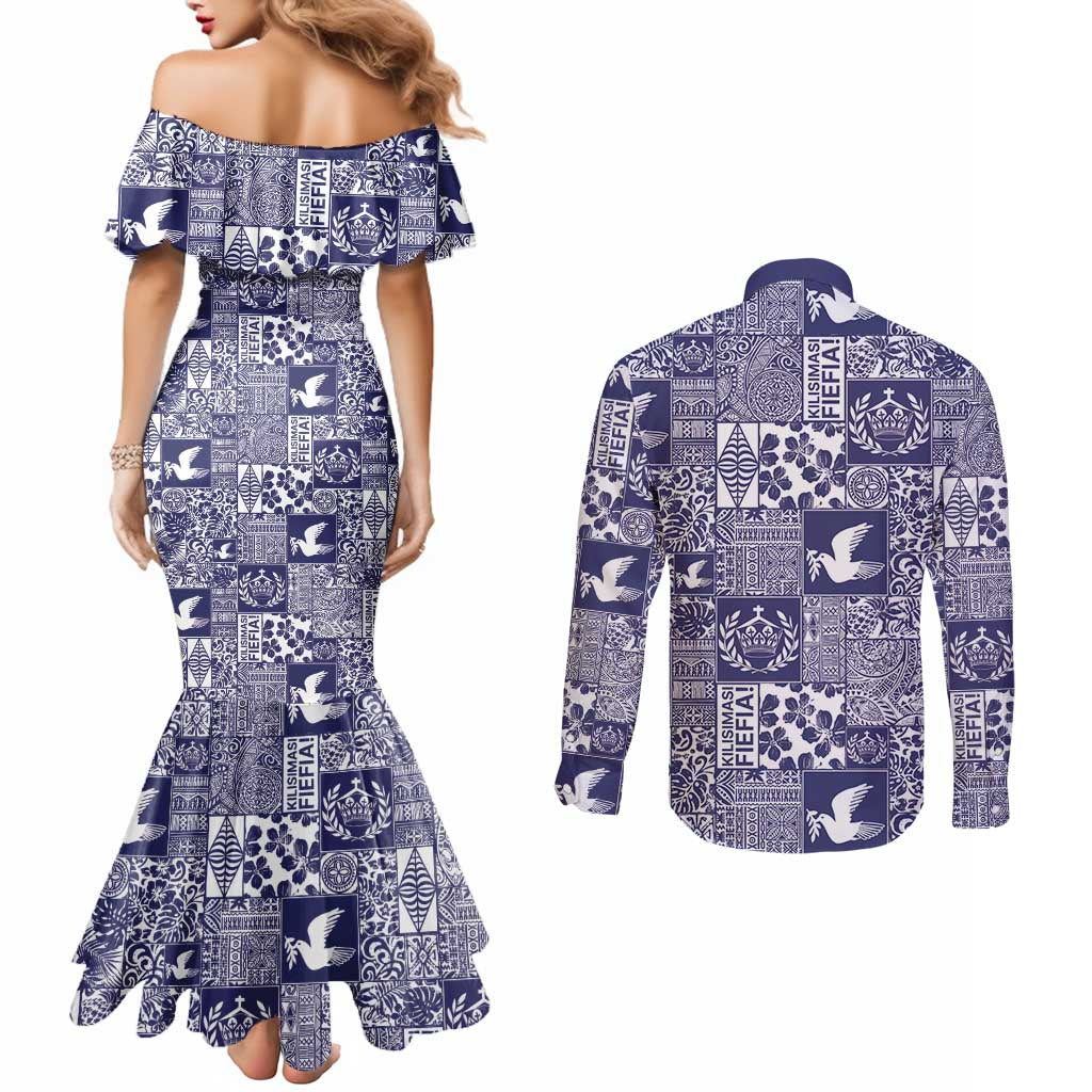 Blue Tonga Kilisimasi Fiefia Couples Matching Mermaid Dress and Long Sleeve Button Shirt Pacific Patchwork Xmas Vibes LT9 - Polynesian Pride
