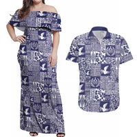 Blue Tonga Kilisimasi Fiefia Couples Matching Off Shoulder Maxi Dress and Hawaiian Shirt Pacific Patchwork Xmas Vibes LT9 Blue - Polynesian Pride
