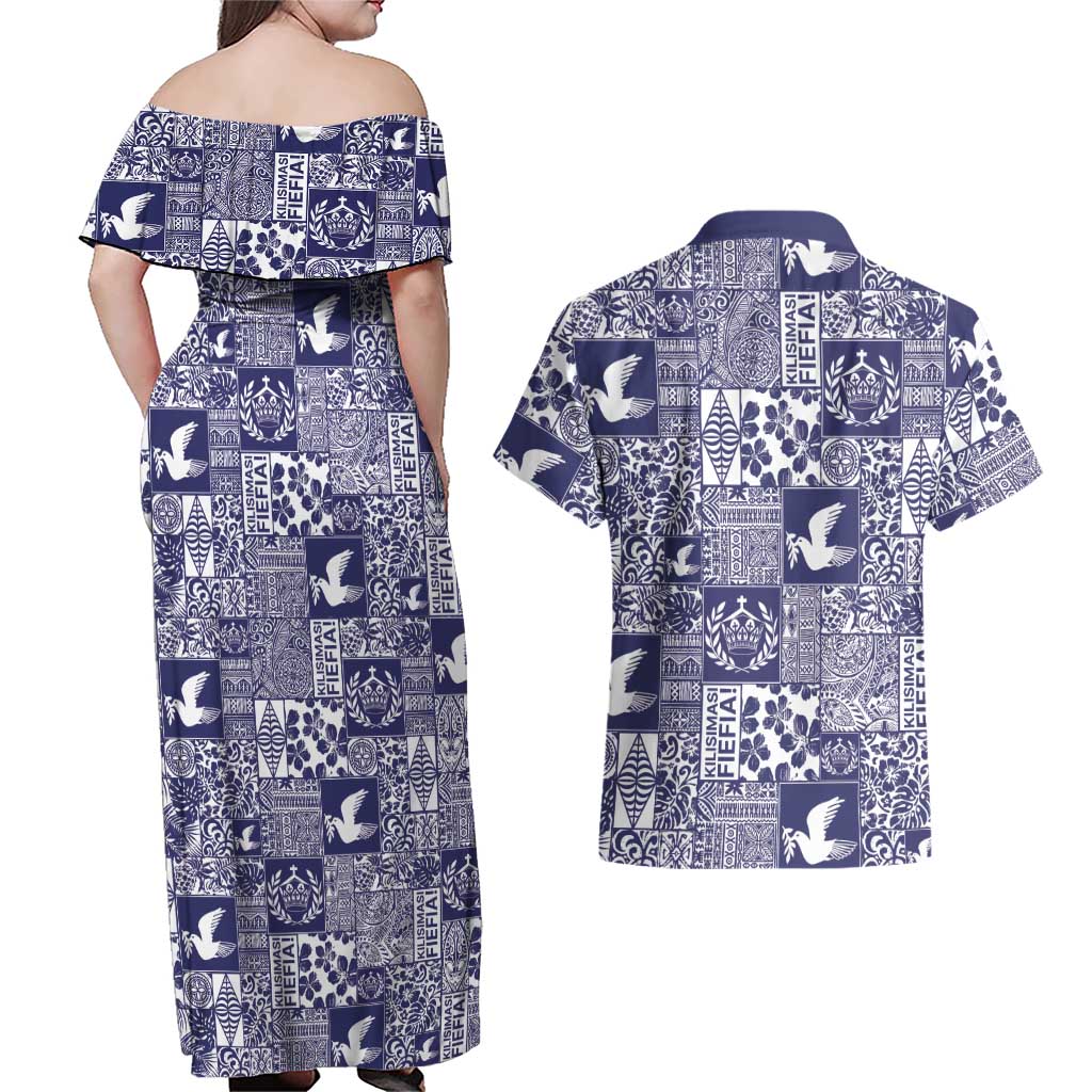 Blue Tonga Kilisimasi Fiefia Couples Matching Off Shoulder Maxi Dress and Hawaiian Shirt Pacific Patchwork Xmas Vibes LT9 - Polynesian Pride