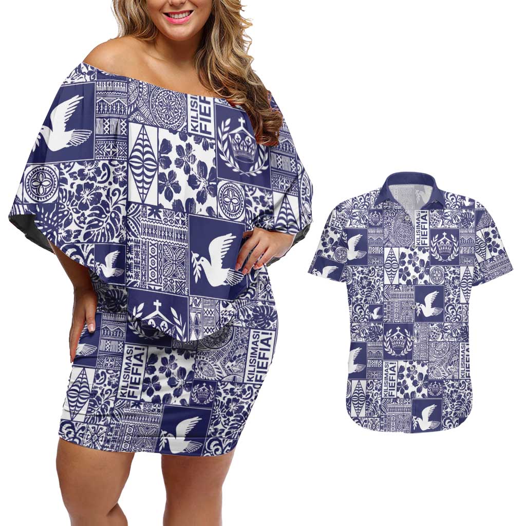 Blue Tonga Kilisimasi Fiefia Couples Matching Off Shoulder Short Dress and Hawaiian Shirt Pacific Patchwork Xmas Vibes LT9 Blue - Polynesian Pride