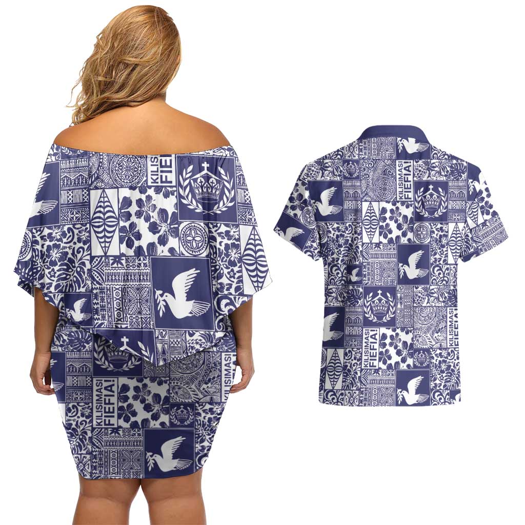 Blue Tonga Kilisimasi Fiefia Couples Matching Off Shoulder Short Dress and Hawaiian Shirt Pacific Patchwork Xmas Vibes LT9 - Polynesian Pride