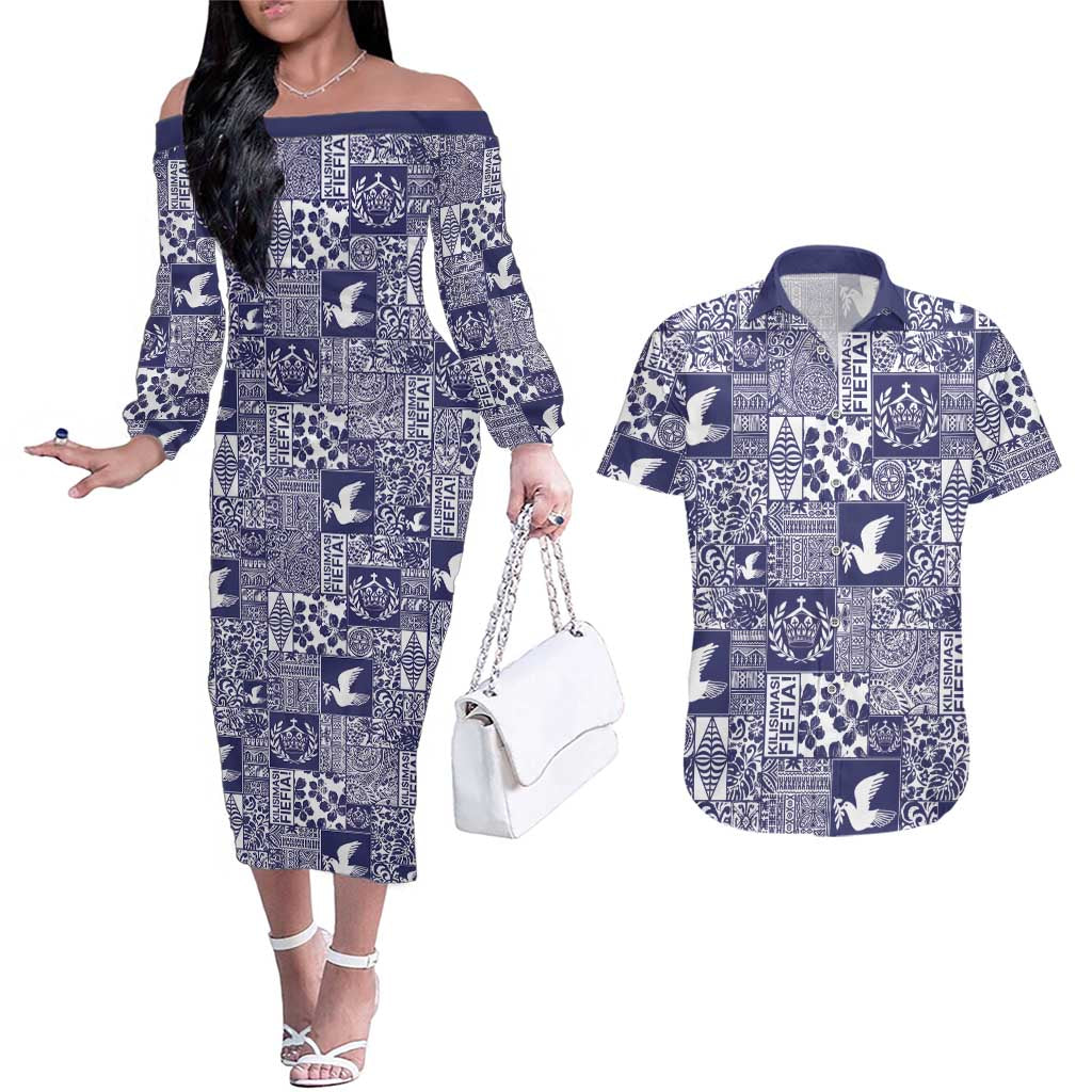 Blue Tonga Kilisimasi Fiefia Couples Matching Off The Shoulder Long Sleeve Dress and Hawaiian Shirt Pacific Patchwork Xmas Vibes LT9 Blue - Polynesian Pride