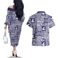 Blue Tonga Kilisimasi Fiefia Couples Matching Off The Shoulder Long Sleeve Dress and Hawaiian Shirt Pacific Patchwork Xmas Vibes LT9 - Polynesian Pride