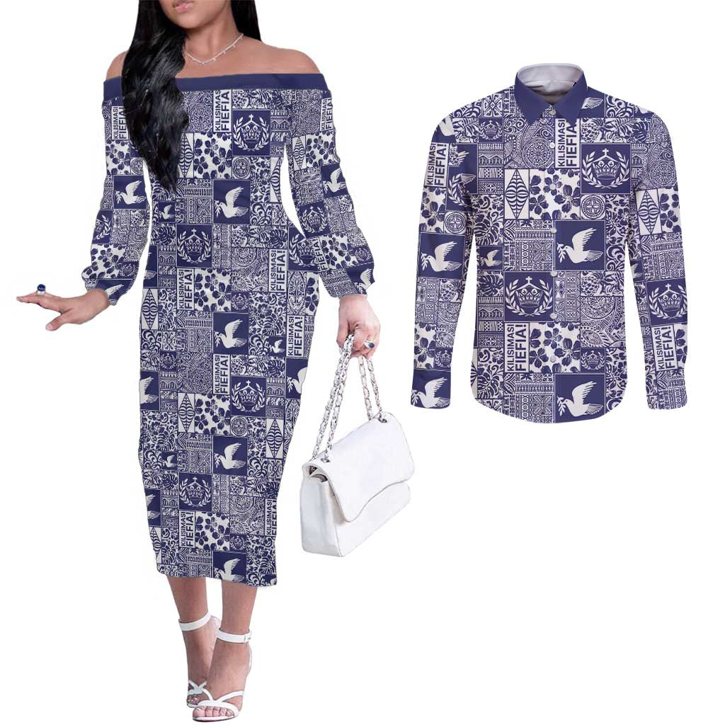 Blue Tonga Kilisimasi Fiefia Couples Matching Off The Shoulder Long Sleeve Dress and Long Sleeve Button Shirt Pacific Patchwork Xmas Vibes LT9 Blue - Polynesian Pride