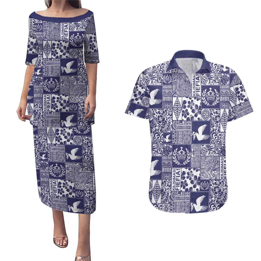 Blue Tonga Kilisimasi Fiefia Couples Matching Puletasi and Hawaiian Shirt Pacific Patchwork Xmas Vibes - Polynesian Pride