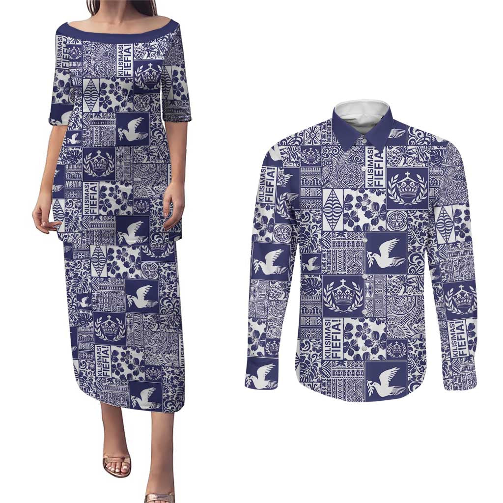 Blue Tonga Kilisimasi Fiefia Couples Matching Puletasi and Long Sleeve Button Shirt Pacific Patchwork Xmas Vibes LT9 Blue - Polynesian Pride