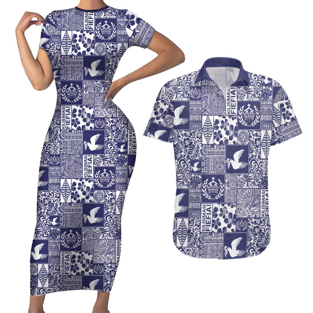 Blue Tonga Kilisimasi Fiefia Couples Matching Short Sleeve Bodycon Dress and Hawaiian Shirt Pacific Patchwork Xmas Vibes LT9 Blue - Polynesian Pride