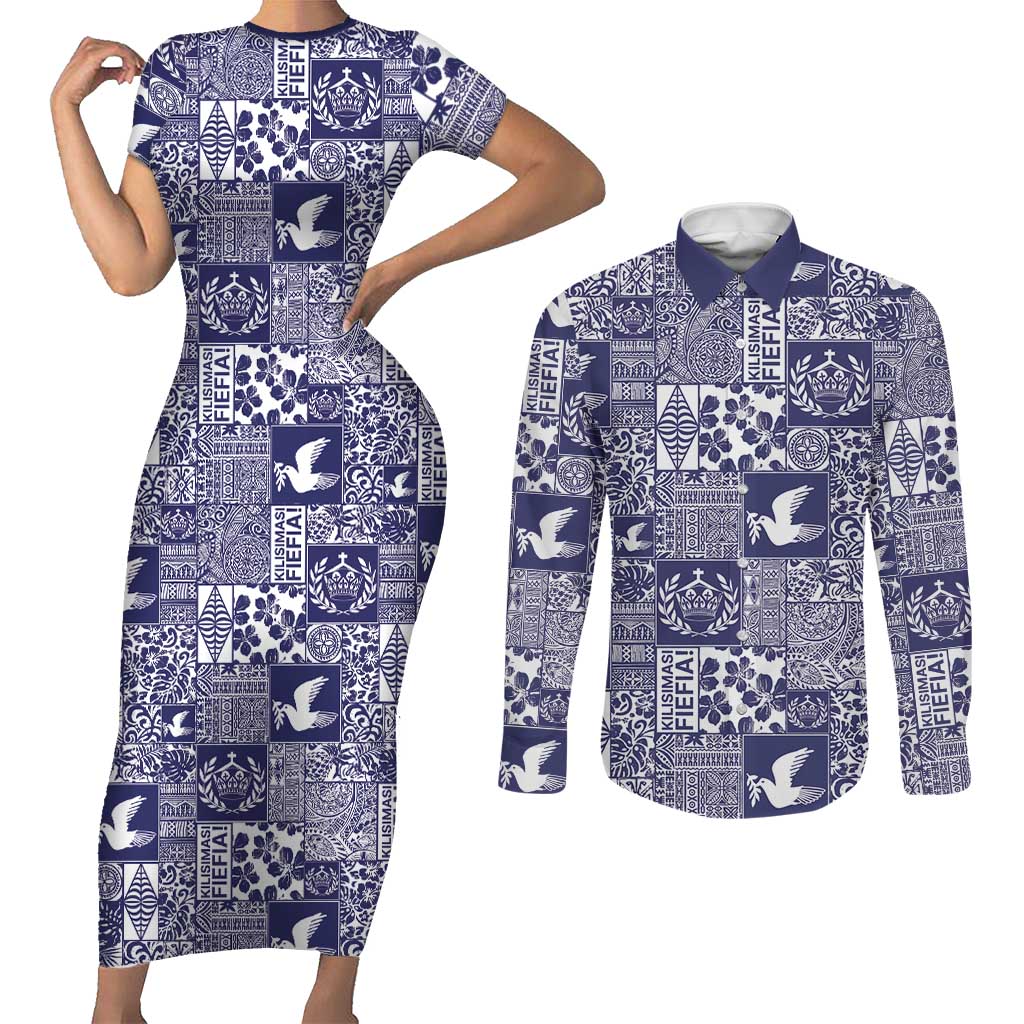 Blue Tonga Kilisimasi Fiefia Couples Matching Short Sleeve Bodycon Dress and Long Sleeve Button Shirt Pacific Patchwork Xmas Vibes LT9 Blue - Polynesian Pride