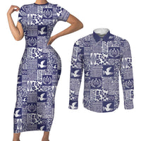 Blue Tonga Kilisimasi Fiefia Couples Matching Short Sleeve Bodycon Dress and Long Sleeve Button Shirt Pacific Patchwork Xmas Vibes LT9 Blue - Polynesian Pride