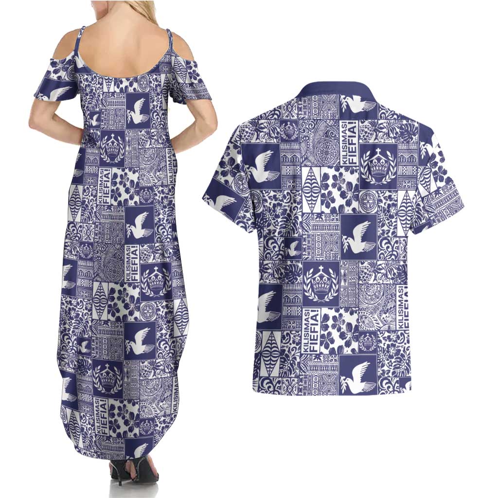 Blue Tonga Kilisimasi Fiefia Couples Matching Summer Maxi Dress and Hawaiian Shirt Pacific Patchwork Xmas Vibes LT9 - Polynesian Pride