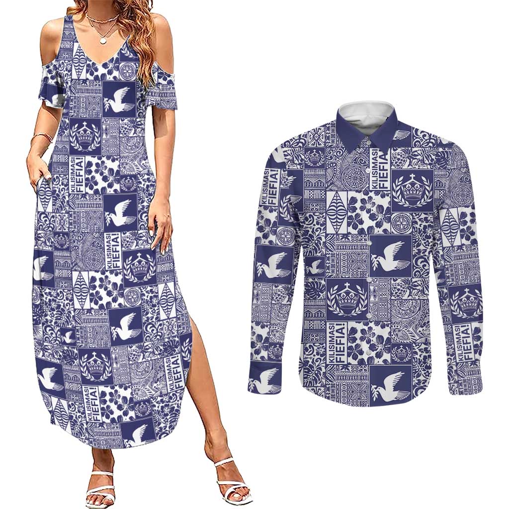 Blue Tonga Kilisimasi Fiefia Couples Matching Summer Maxi Dress and Long Sleeve Button Shirt Pacific Patchwork Xmas Vibes LT9 Blue - Polynesian Pride