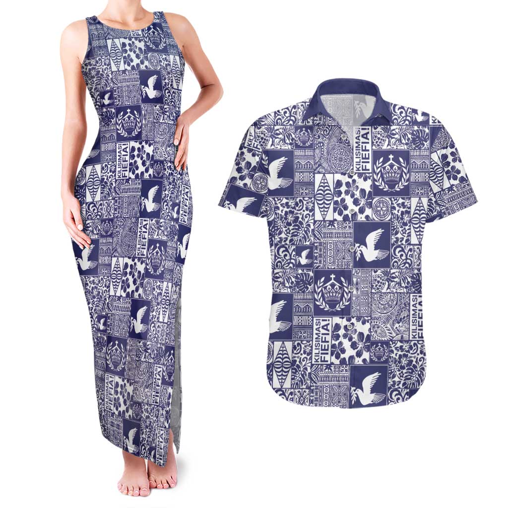 Blue Tonga Kilisimasi Fiefia Couples Matching Tank Maxi Dress and Hawaiian Shirt Pacific Patchwork Xmas Vibes LT9 Blue - Polynesian Pride