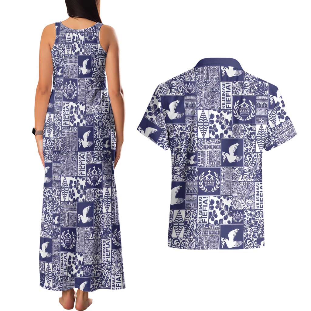 Blue Tonga Kilisimasi Fiefia Couples Matching Tank Maxi Dress and Hawaiian Shirt Pacific Patchwork Xmas Vibes LT9 - Polynesian Pride
