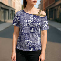 Blue Tonga Kilisimasi Fiefia Cross Shoulder Shirt Pacific Patchwork Xmas Vibes - Polynesian Pride