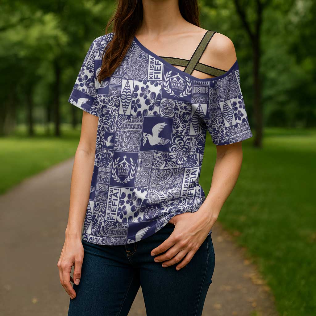 Blue Tonga Kilisimasi Fiefia Cross Shoulder Shirt Pacific Patchwork Xmas Vibes - Polynesian Pride