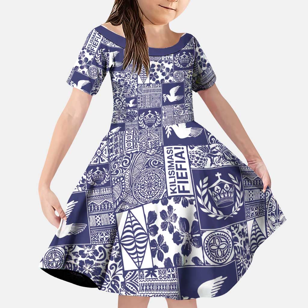 Blue Tonga Kilisimasi Fiefia Family Matching Long Sleeve Bodycon Dress and Hawaiian Shirt Pacific Patchwork Xmas Vibes LT9 Daughter's Dress Blue - Polynesian Pride