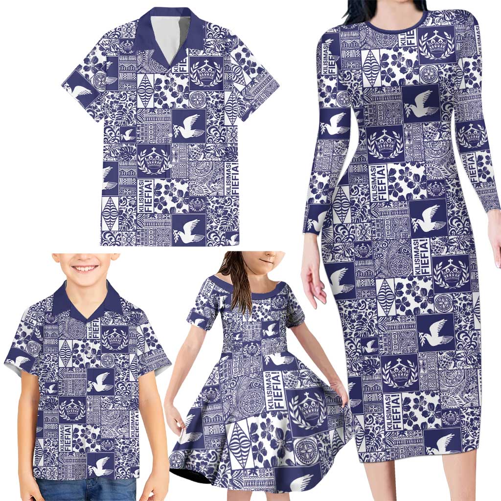 Blue Tonga Kilisimasi Fiefia Family Matching Long Sleeve Bodycon Dress and Hawaiian Shirt Pacific Patchwork Xmas Vibes LT9 - Polynesian Pride