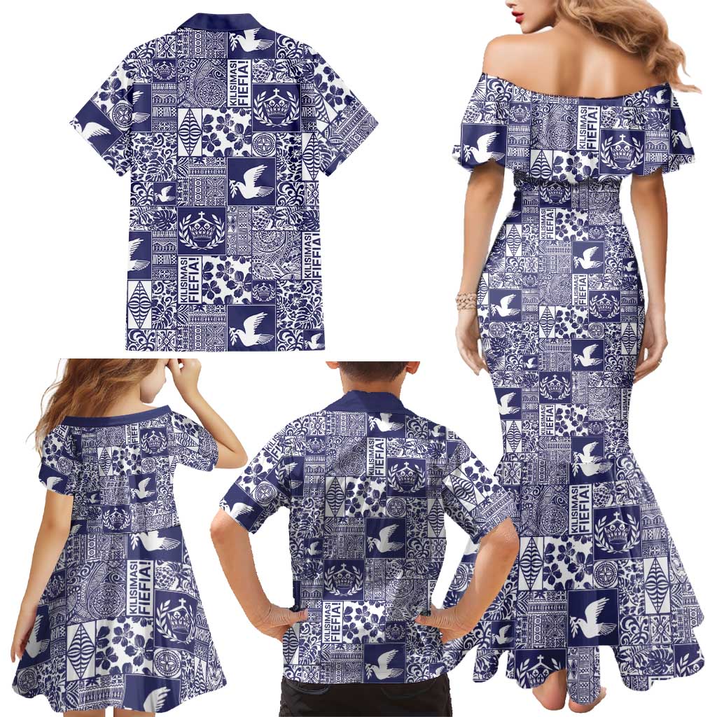 Blue Tonga Kilisimasi Fiefia Family Matching Mermaid Dress and Hawaiian Shirt Pacific Patchwork Xmas Vibes LT9 - Polynesian Pride