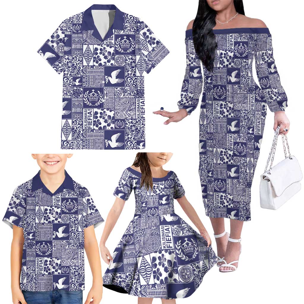 Blue Tonga Kilisimasi Fiefia Family Matching Off The Shoulder Long Sleeve Dress and Hawaiian Shirt Pacific Patchwork Xmas Vibes LT9 - Polynesian Pride