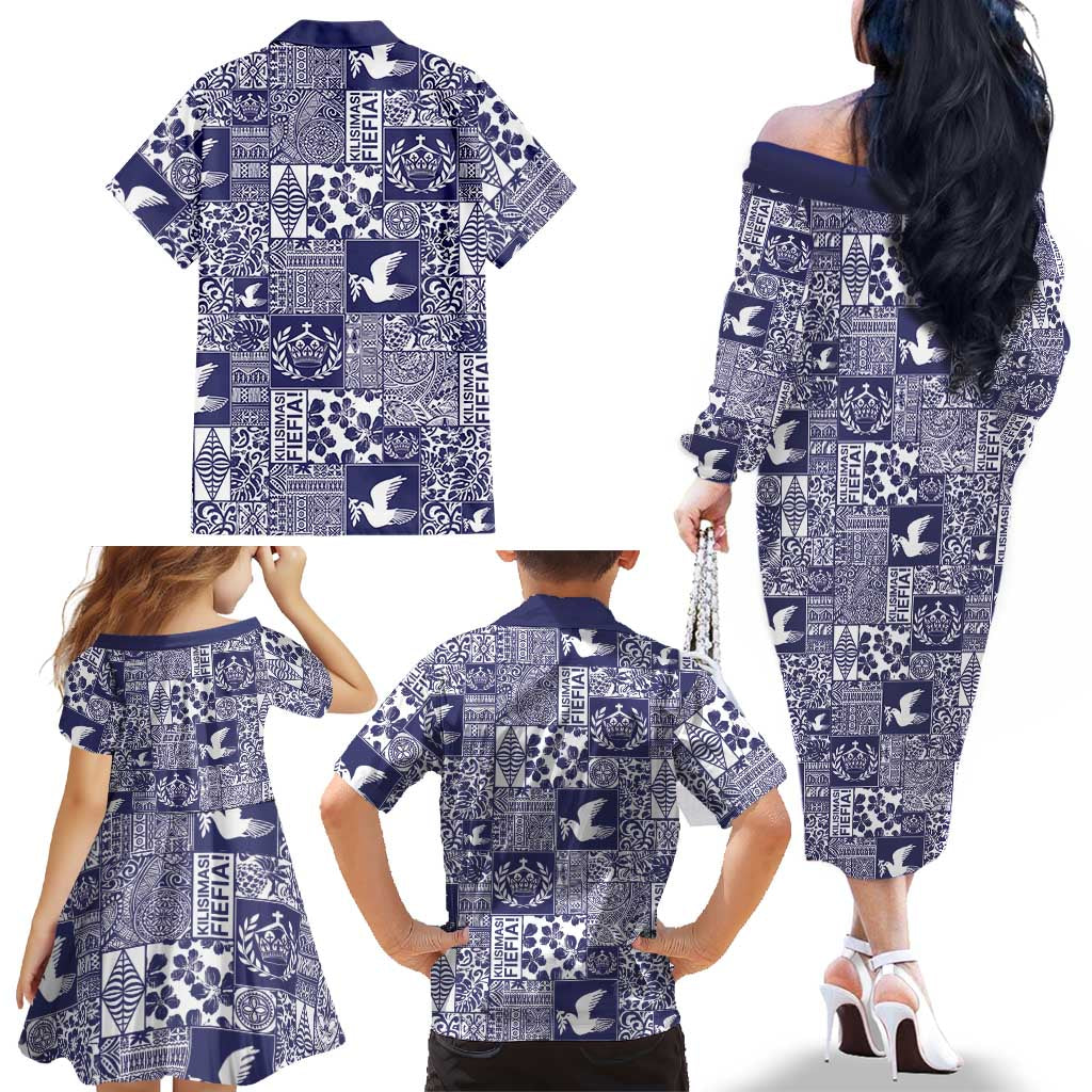 Blue Tonga Kilisimasi Fiefia Family Matching Off The Shoulder Long Sleeve Dress and Hawaiian Shirt Pacific Patchwork Xmas Vibes LT9 - Polynesian Pride