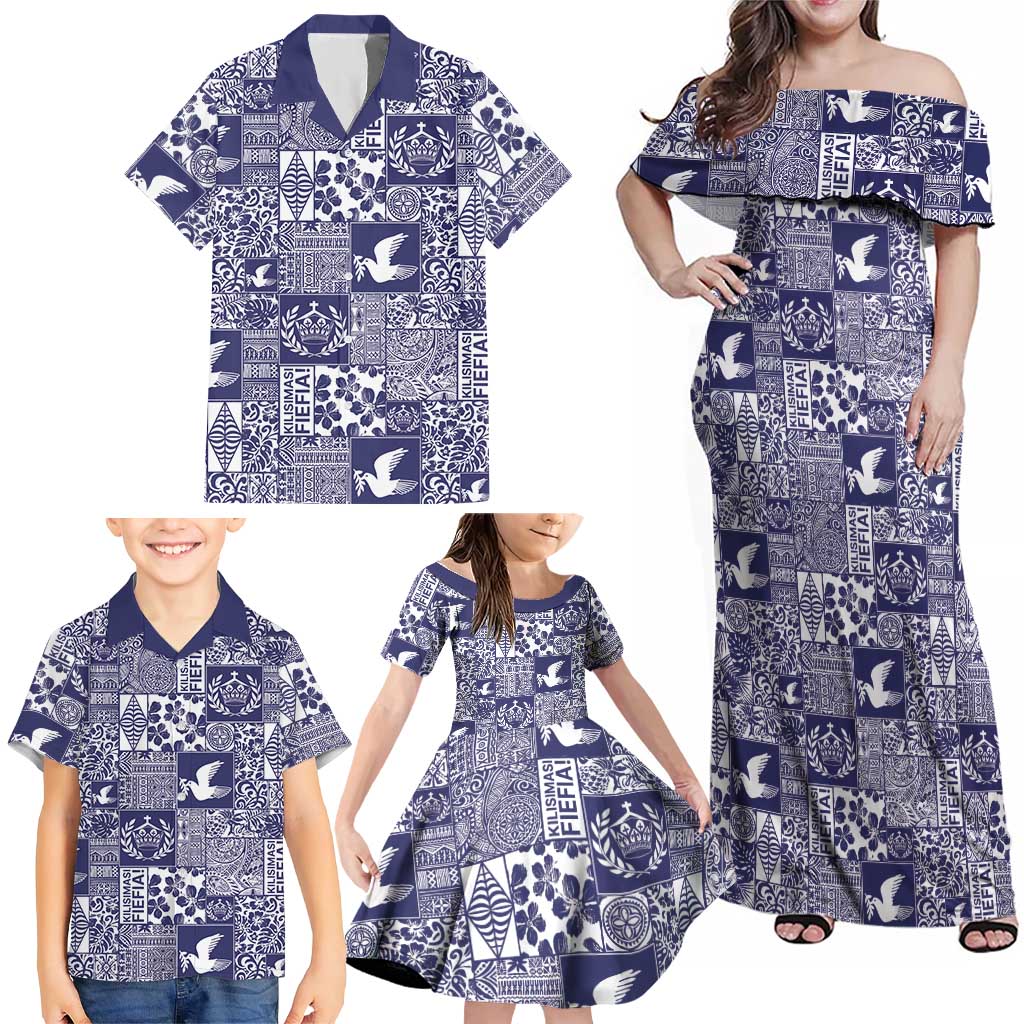 Blue Tonga Kilisimasi Fiefia Family Matching Off Shoulder Maxi Dress and Hawaiian Shirt Pacific Patchwork Xmas Vibes LT9 - Polynesian Pride