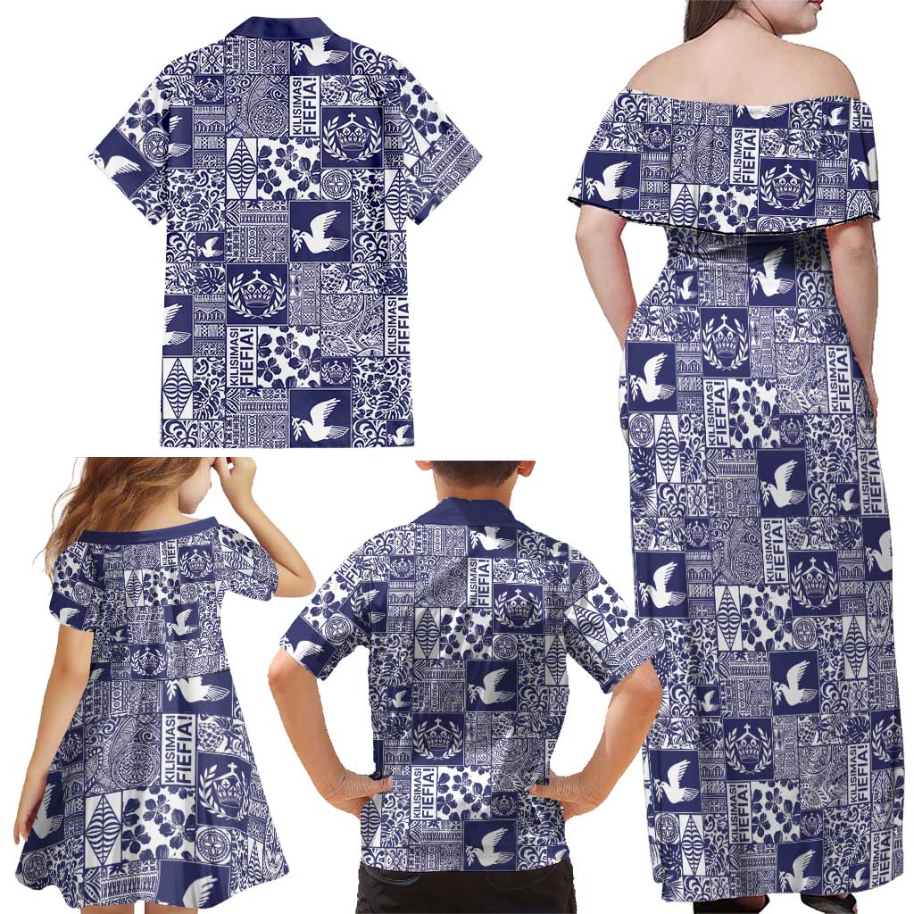 Blue Tonga Kilisimasi Fiefia Family Matching Off Shoulder Maxi Dress and Hawaiian Shirt Pacific Patchwork Xmas Vibes LT9 - Polynesian Pride