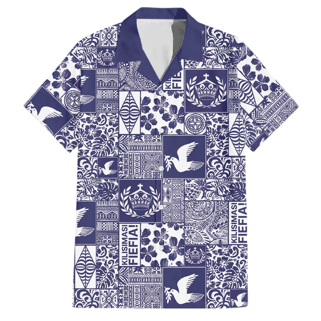 Blue Tonga Kilisimasi Fiefia Family Matching Off Shoulder Maxi Dress and Hawaiian Shirt Pacific Patchwork Xmas Vibes LT9 Dad's Shirt - Short Sleeve Blue - Polynesian Pride