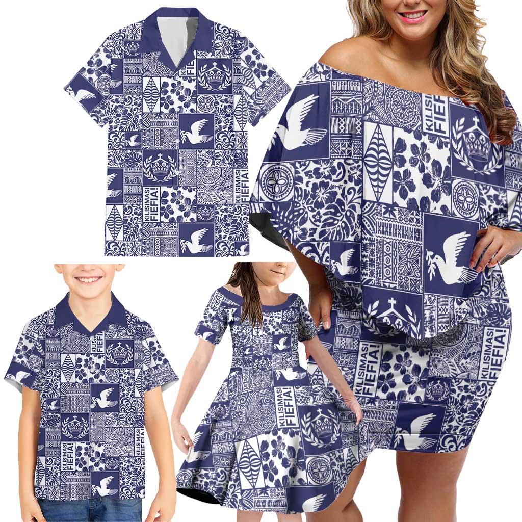 Blue Tonga Kilisimasi Fiefia Family Matching Off Shoulder Short Dress and Hawaiian Shirt Pacific Patchwork Xmas Vibes LT9 - Polynesian Pride