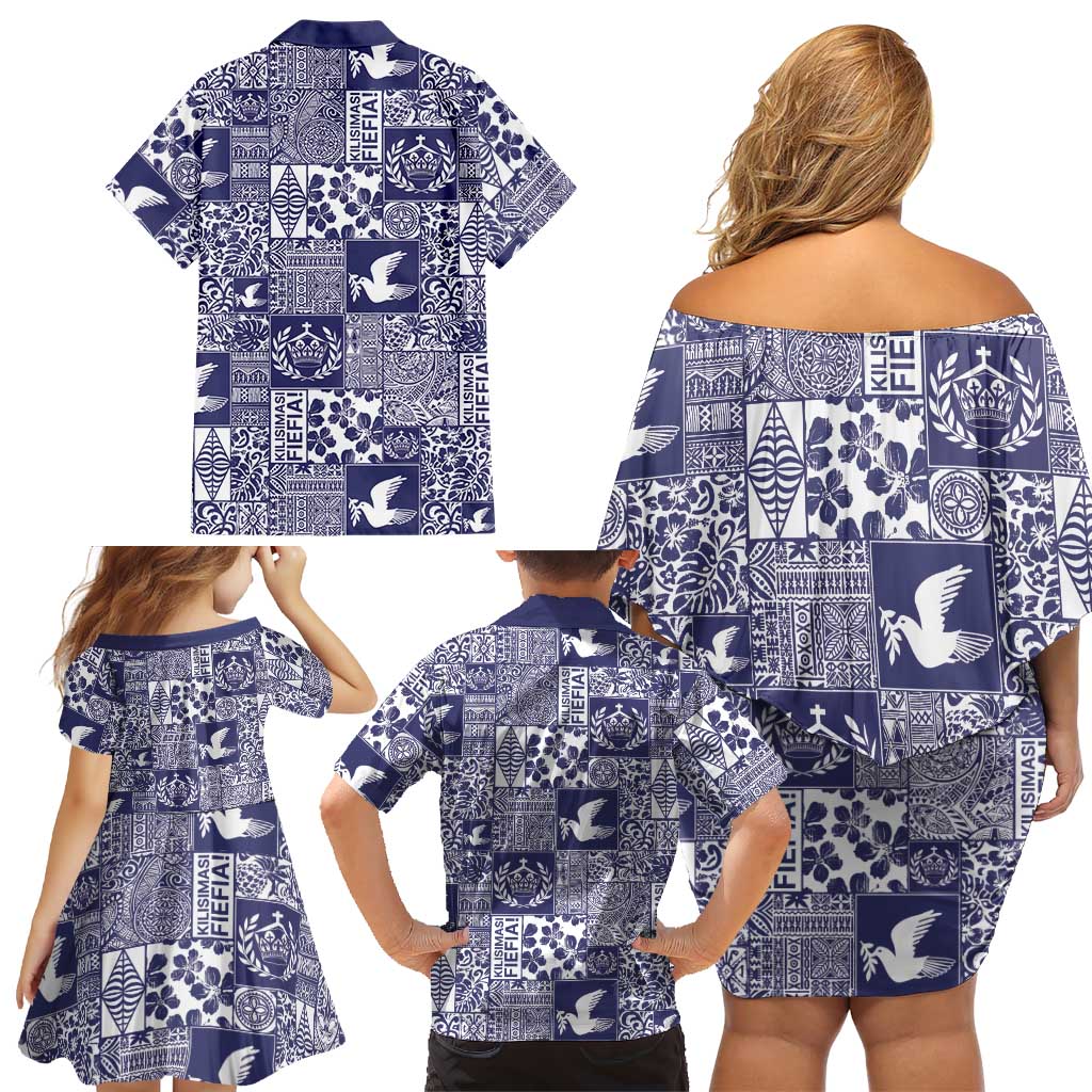 Blue Tonga Kilisimasi Fiefia Family Matching Off Shoulder Short Dress and Hawaiian Shirt Pacific Patchwork Xmas Vibes LT9 - Polynesian Pride
