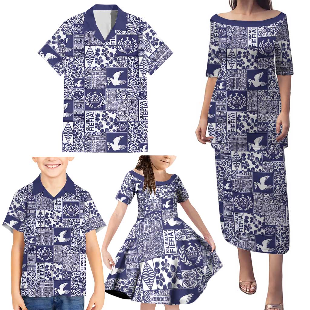 Blue Tonga Kilisimasi Fiefia Family Matching Puletasi and Hawaiian Shirt Pacific Patchwork Xmas Vibes LT9 - Polynesian Pride