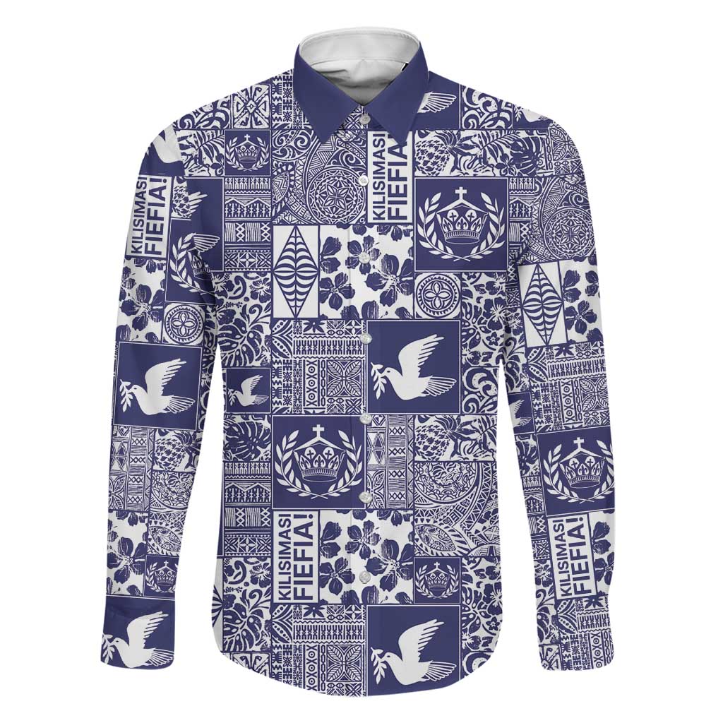 Blue Tonga Kilisimasi Fiefia Family Matching Summer Maxi Dress and Hawaiian Shirt Pacific Patchwork Xmas Vibes LT9 Dad's Shirt - Long Sleeve Blue - Polynesian Pride