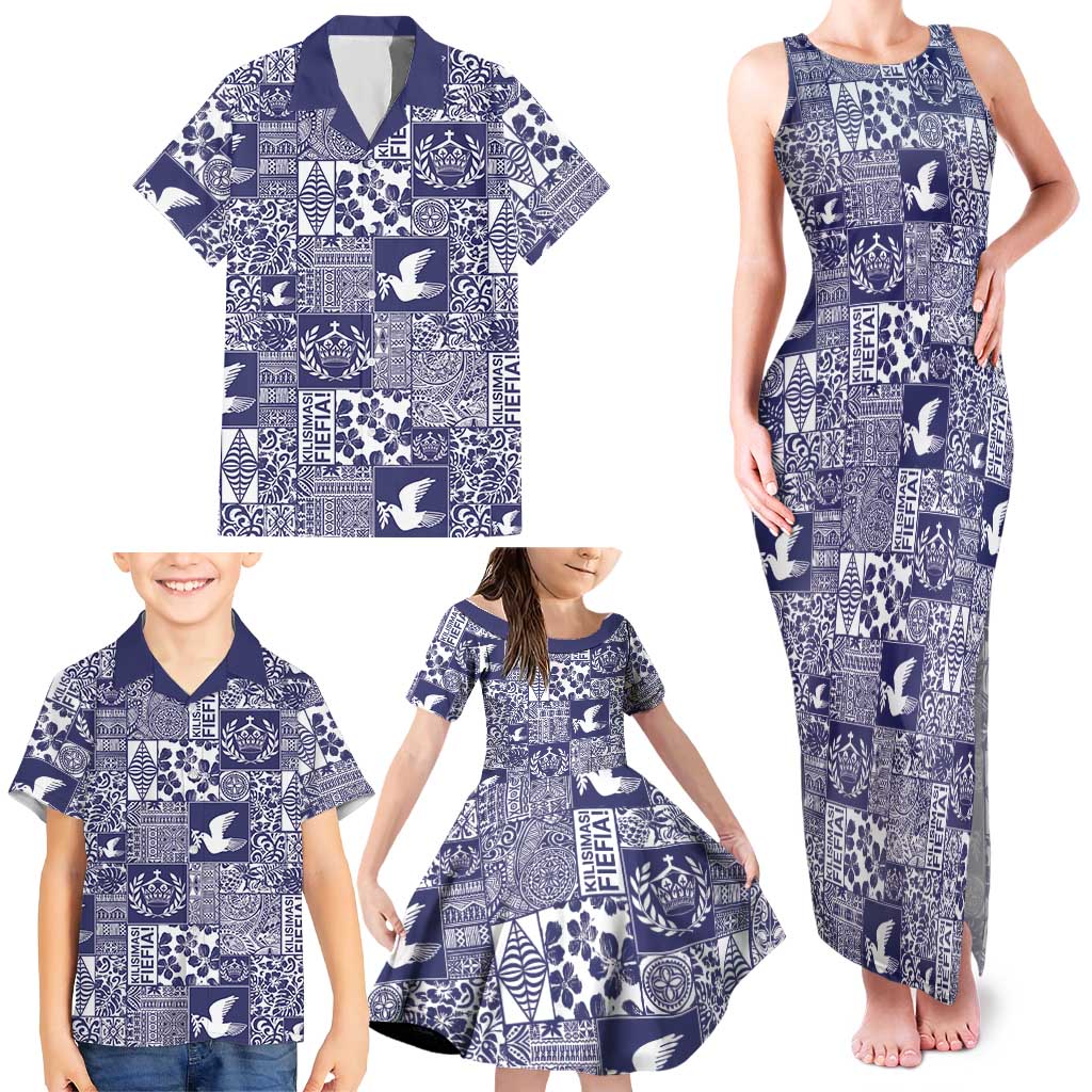 Blue Tonga Kilisimasi Fiefia Family Matching Tank Maxi Dress and Hawaiian Shirt Pacific Patchwork Xmas Vibes LT9 - Polynesian Pride