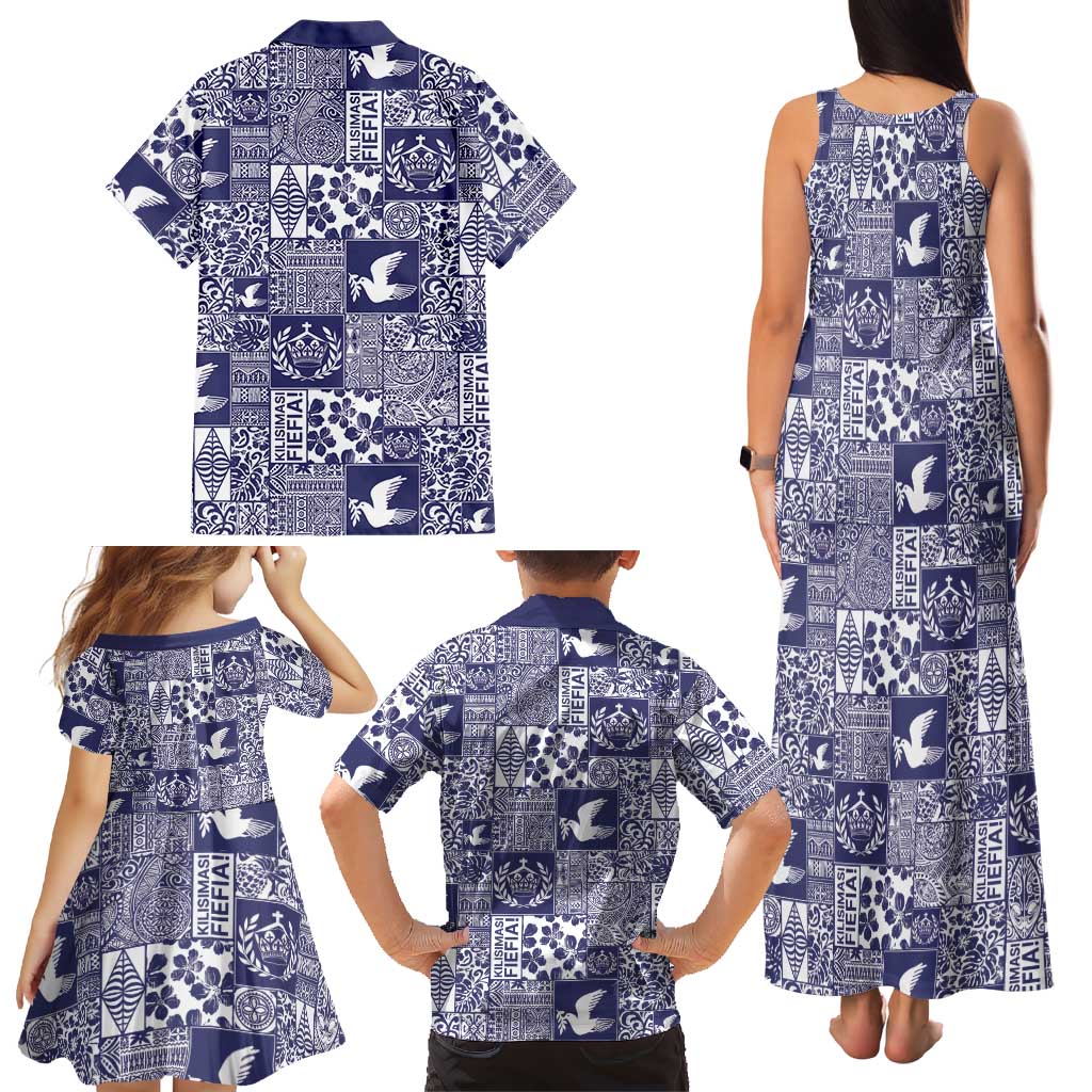 Blue Tonga Kilisimasi Fiefia Family Matching Tank Maxi Dress and Hawaiian Shirt Pacific Patchwork Xmas Vibes LT9 - Polynesian Pride