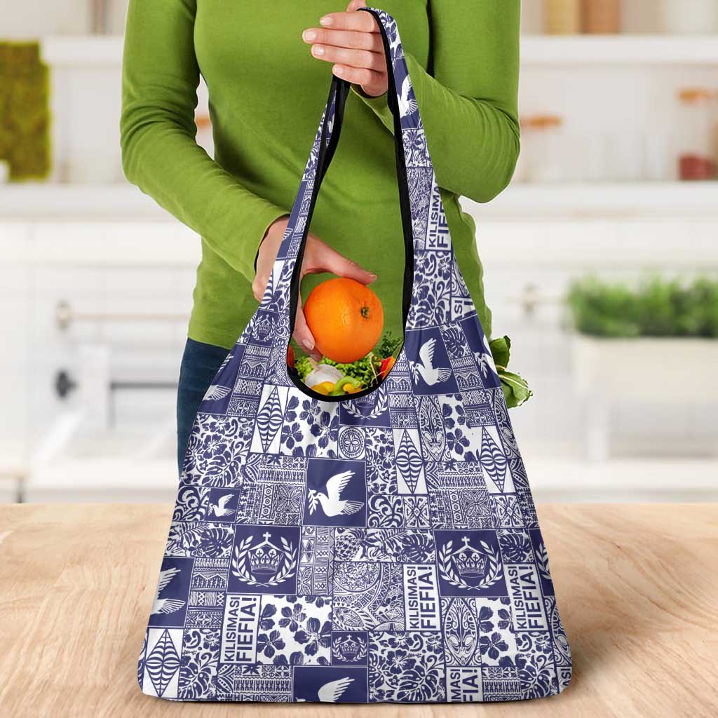 Blue Tonga Kilisimasi Fiefia Grocery Bag Pacific Patchwork Xmas Vibes - Polynesian Pride