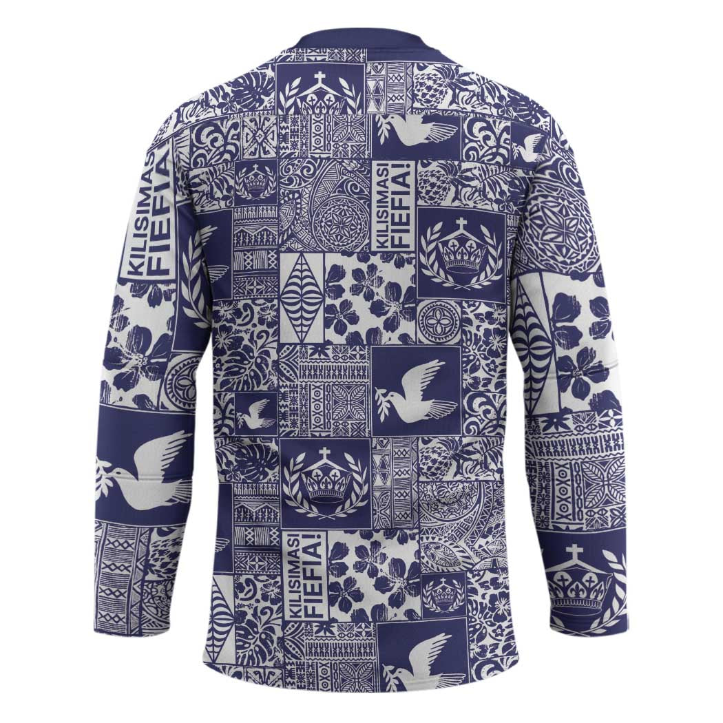Blue Tonga Kilisimasi Fiefia Hockey Jersey Pacific Patchwork Xmas Vibes - Polynesian Pride